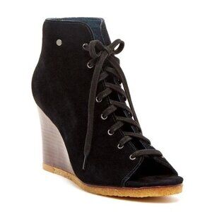 UGG Elyse Open Toe Black Suede Lace-up Wedge Booties 3340 Size 7.5